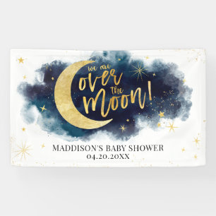 Over the Moon Gold Stars Blue Baby Shower Banner