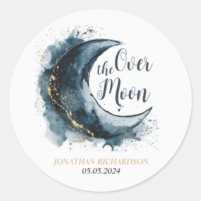 Over the Moon Gold Stars Blue Baby Shower Classic Round Sticker (Front)