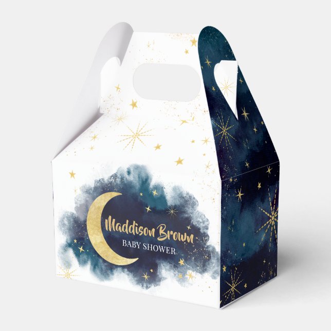 Over the Moon Gold Stars Blue Baby Shower Favor Boxes (Front Side)