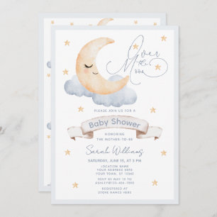 Over the Moon Gold Stars Blue Baby Shower Invitation