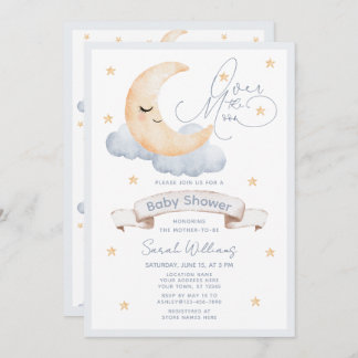 Over the Moon Gold Stars Blue Baby Shower Invitation