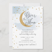 Over the Moon Gold Stars Blue Baby Shower Invitation (Front)
