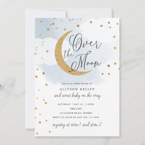 Over the Moon Gold Stars Blue Baby Shower Invitation | Zazzle