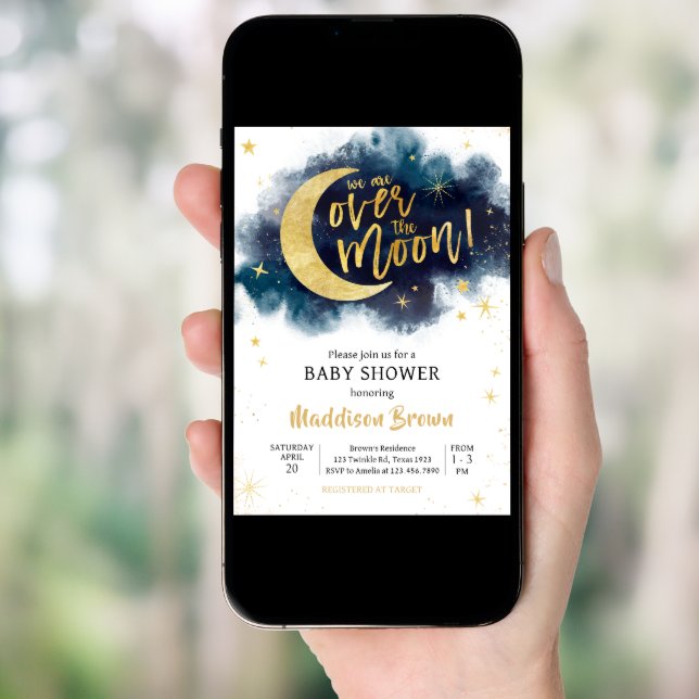 Over the Moon Gold Stars Blue Baby Shower  Invitation (Front Digital)