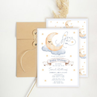 Over the Moon Gold Stars Blue Baby Shower Invitation