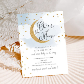 Over The Moon Gold Stars Blue Baby Shower Invitation by FancyShmancyNotes at Zazzle