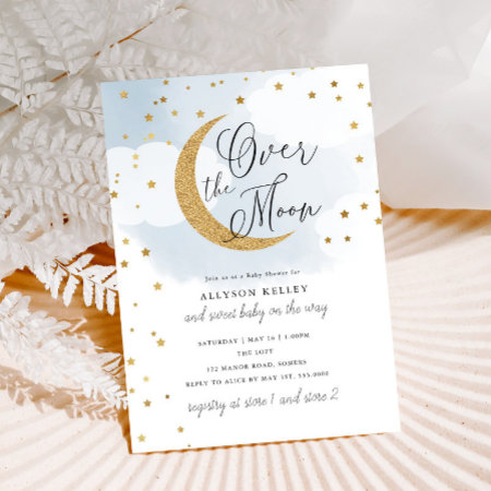 Over The Moon Gold Stars Blue Baby Shower Invitation