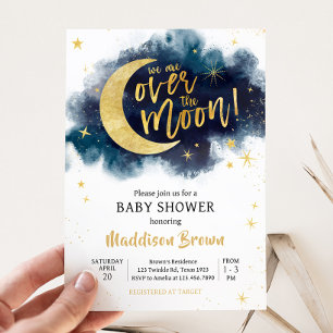 Over the Moon Gold Stars Blue Baby Shower  Invitation