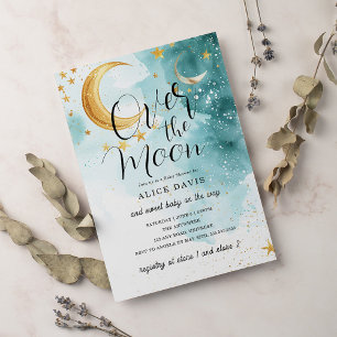 Over the Moon Gold Stars Blue Baby Shower Invitation