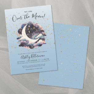 Over the Moon Gold Stars Blue Baby Shower Invitation