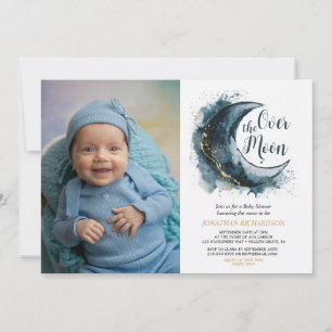 Over the Moon Gold Stars Blue Baby Shower Invitation
