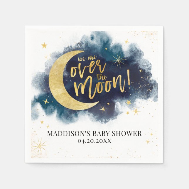 Over the Moon Gold Stars Blue Baby Shower Napkins (Front)