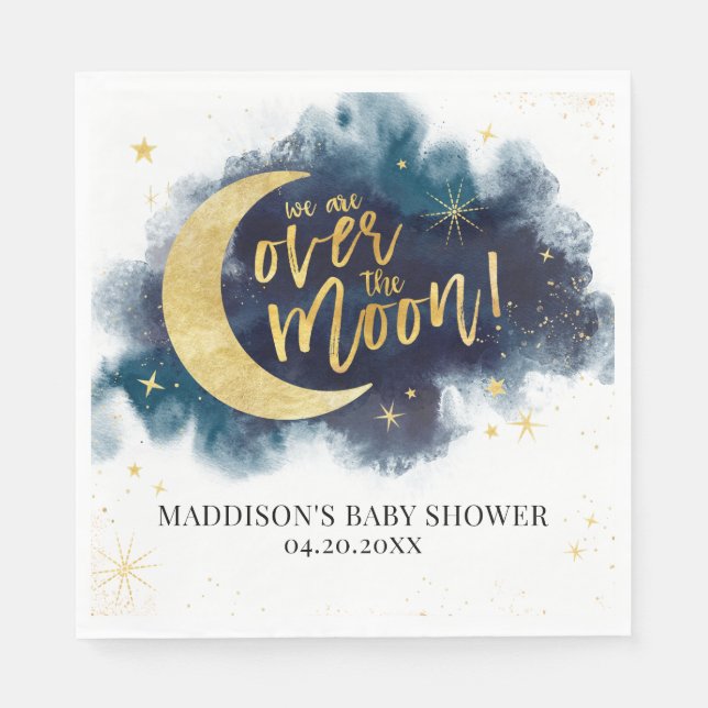 Over the Moon Gold Stars Blue Baby Shower Napkins (Front)
