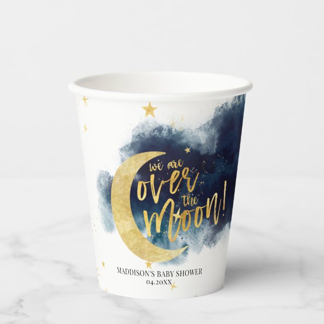 Over the Moon Gold Stars Blue Baby Shower Paper Cups (Front)