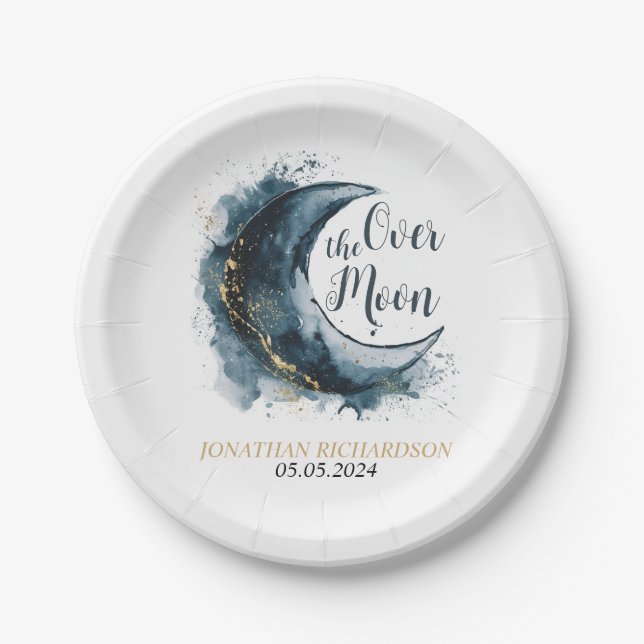 Over the Moon Gold Stars Blue Baby Shower Paper Plates (Front)