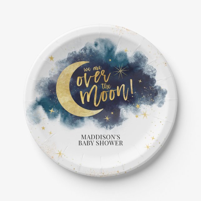 Over the Moon Gold Stars Blue Baby Shower Paper Plates (Front)