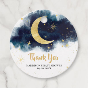Over the Moon Gold Stars Blue Baby Shower Round Favor Tags