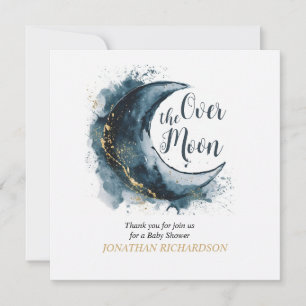 Over the Moon Gold Stars Blue Baby Shower Thank You Card
