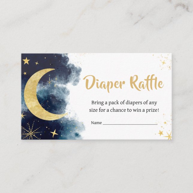 Over the Moon Gold Stars Blue Diaper Raffle Enclosure Card (Front)