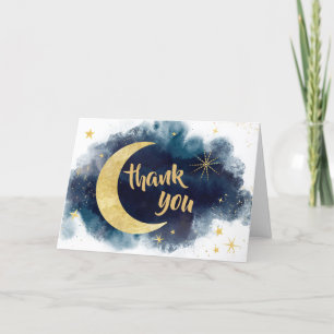 Over the Moon Gold Stars Blue Letterpress Thank You Card