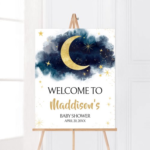 Over the Moon Gold Stars Blue Welcome Poster