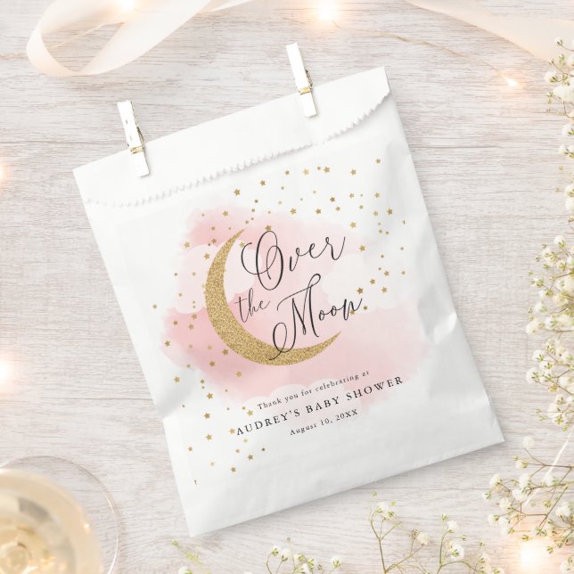 Over the Moon Gold Stars Pink Baby Shower Favor Bag (Clipped)