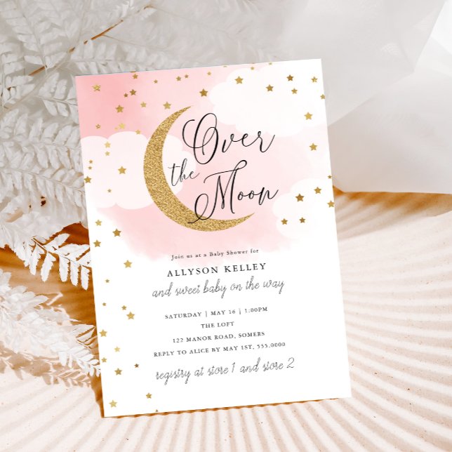 Over the Moon Gold Stars Pink Baby Shower Invitation