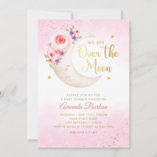 Over The Moon Gold Stars pink Girl Baby Shower Invitation
