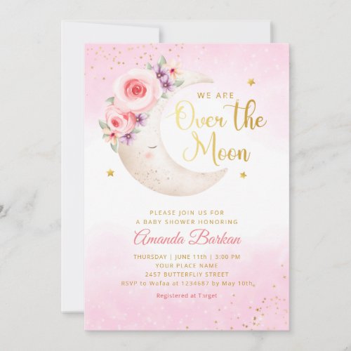 Over The Moon Gold Stars pink Girl Baby Shower  Invitation