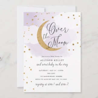 Over the Moon Gold Stars Purple Baby Shower Invitation