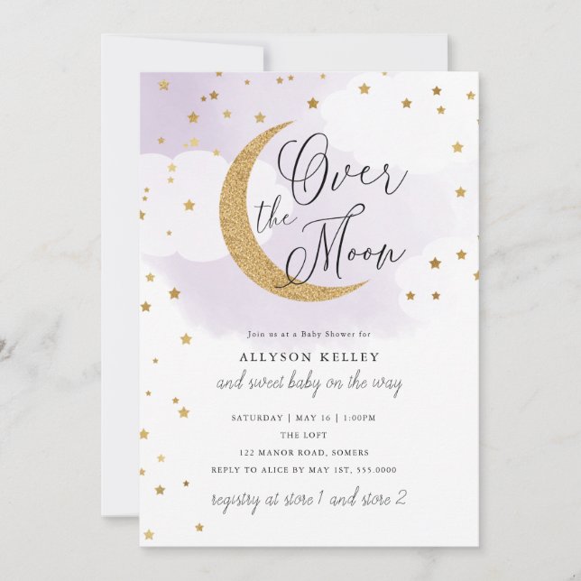 Over the Moon Gold Stars Purple Baby Shower Invitation (Front)