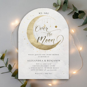 Over the Moon Gold Stars White Sky Baby Shower Invitation