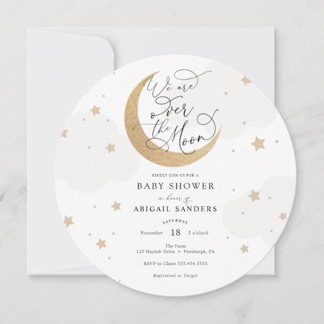 Over the Moon Gray Baby Shower Invitation (Front)