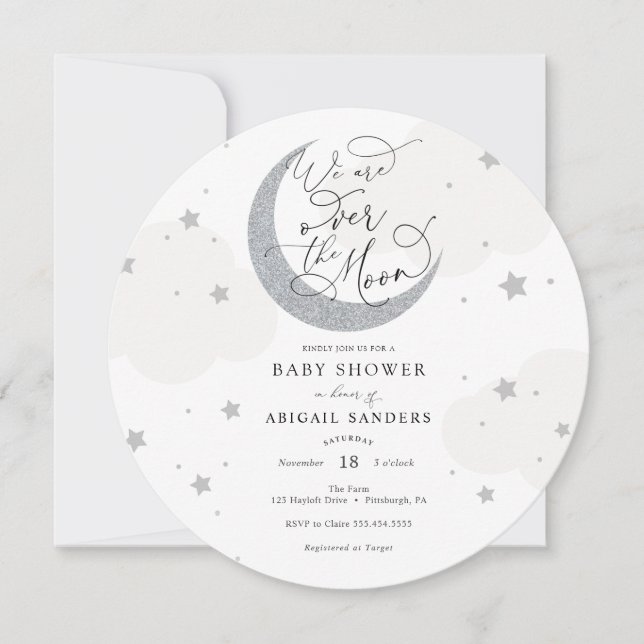 Over the Moon Gray Baby Shower Invitation (Front)