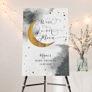 Over The Moon Gray Gold Baby Shower Welcome Sign
