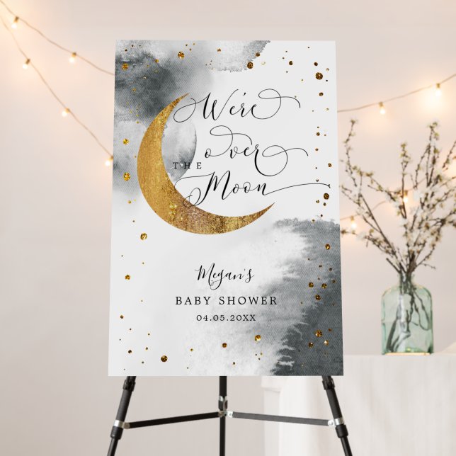 Over The Moon Gray Gold Baby Shower Welcome Sign (In Situ (Stand))