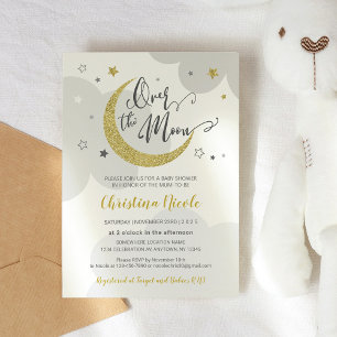 Over the Moon Gray Gold Stars Baby Shower Invitation