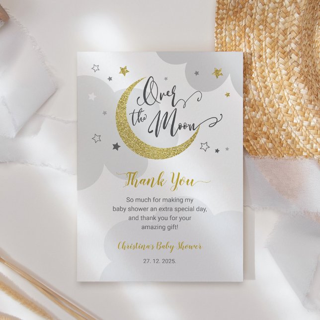 Over the Moon Gray Gold Stars Baby Shower Thank You Card (Creator Uploaded)