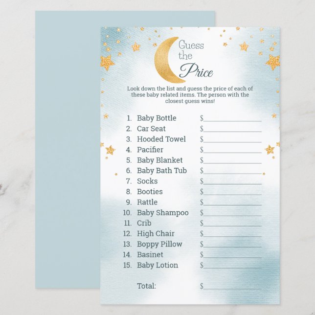 Over the Moon Guess the Price Boy Baby Shower Game (Front/Back)