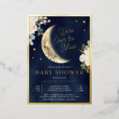 Over the Moon Ivory Floral Navy Baby Shower Gold Foil Invitation (Standing Front)