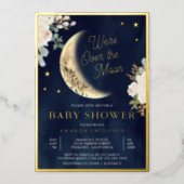 Over the Moon Ivory Floral Navy Baby Shower Gold Foil Invitation (Front)