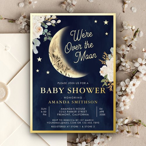 Over the Moon Ivory Floral Navy Baby Shower Gold Foil Invitation