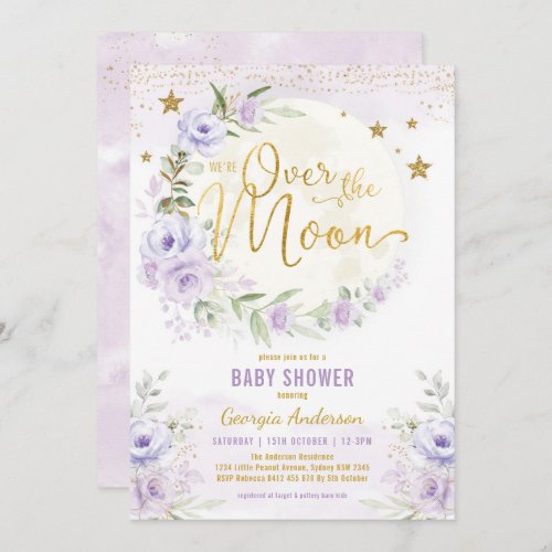 Over the Moon  Lavender Gold Girl Baby Shower Invitation