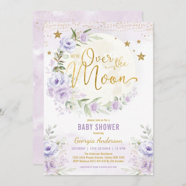 Over the Moon | Lavender Gold Girl Baby Shower Invitation (Front/Back)