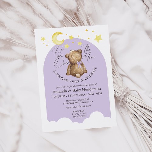 Over The Moon Lavender Teddy Bear Baby Shower Invitation