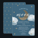 Over the Moon Midnight Blue Baby Shower By Mail Invitation<br><div class="desc">This cute "Over the Moon" baby shower by mail invitation features midnight blue / navy blue background with a faux gold glitter crescent moon,  stars,  and fluffy clouds in the night sky. Change the background color and personalize for your needs. You can find more matching products at my store.</div>