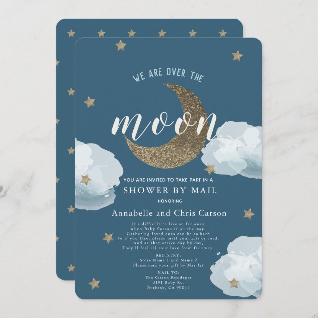 Over the Moon Midnight Blue Baby Shower By Mail Invitation (Front/Back)
