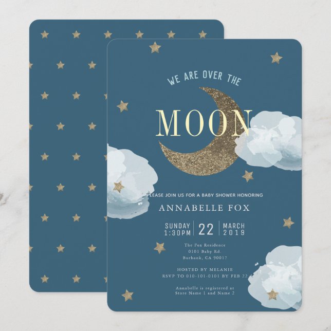 Over the Moon Midnight Blue Baby Shower Invitation (Front/Back)