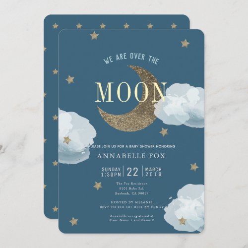 Over the Moon Midnight Blue Baby Shower Invitation