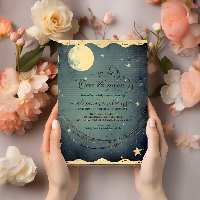 Over the Moon Midnight Blue Baby Shower Invitation (Creator Uploaded)